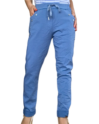 Pantalon bleu jeans à taille élastique avec cordon et 4 boutons décoratifs